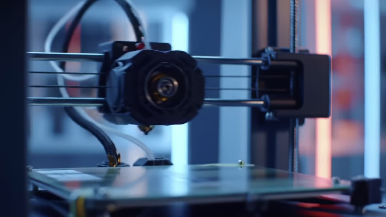 High-Tech Close-Up of a 3D Printer Showing Detailed Components and Intricate Mechanisms in a Modern Workshop Setting