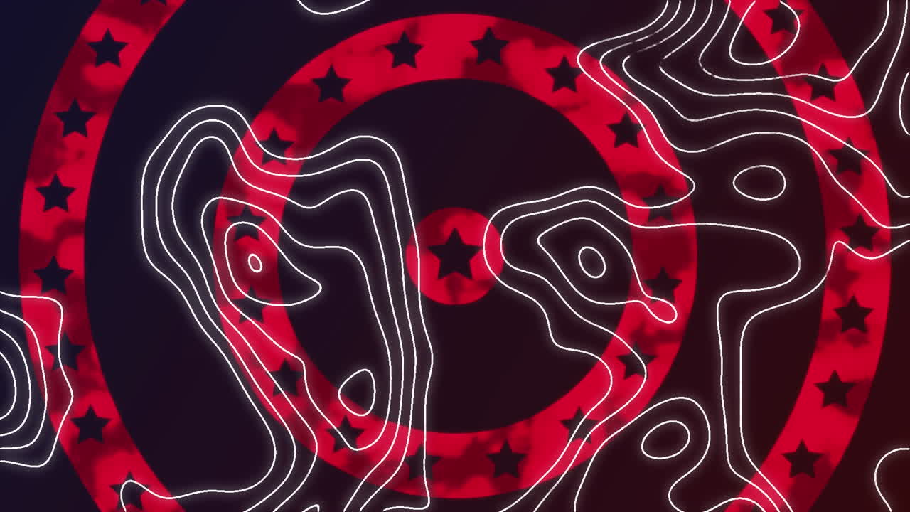 animación de formas blancas sobre estrellas de la bandera estadounidense y coloreadas en círculos