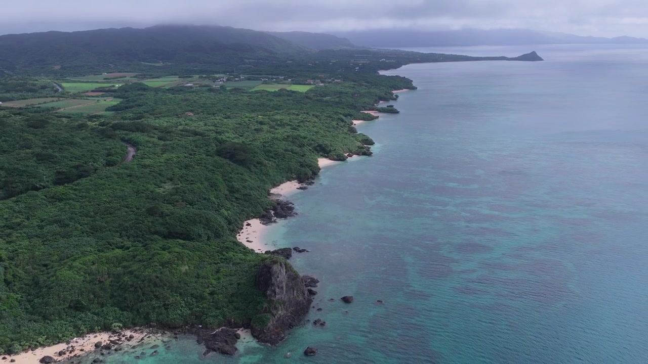 Riprese aeree orizzontali con carrello all'indietro sopra la costa boscosa e le acque turchesi della spiaggia di Nosokoniaru e della baia di Ibaruma, Isola di Ishigaki, Okinawa, Giappone