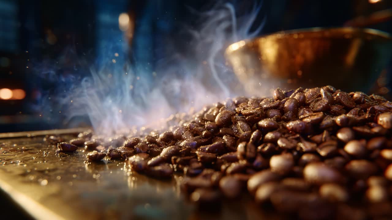 Close-up of freshly roasted coffee beans with emerging steam, highlighting the richness of aroma and texture, creating a sensory experience for coffee lovers