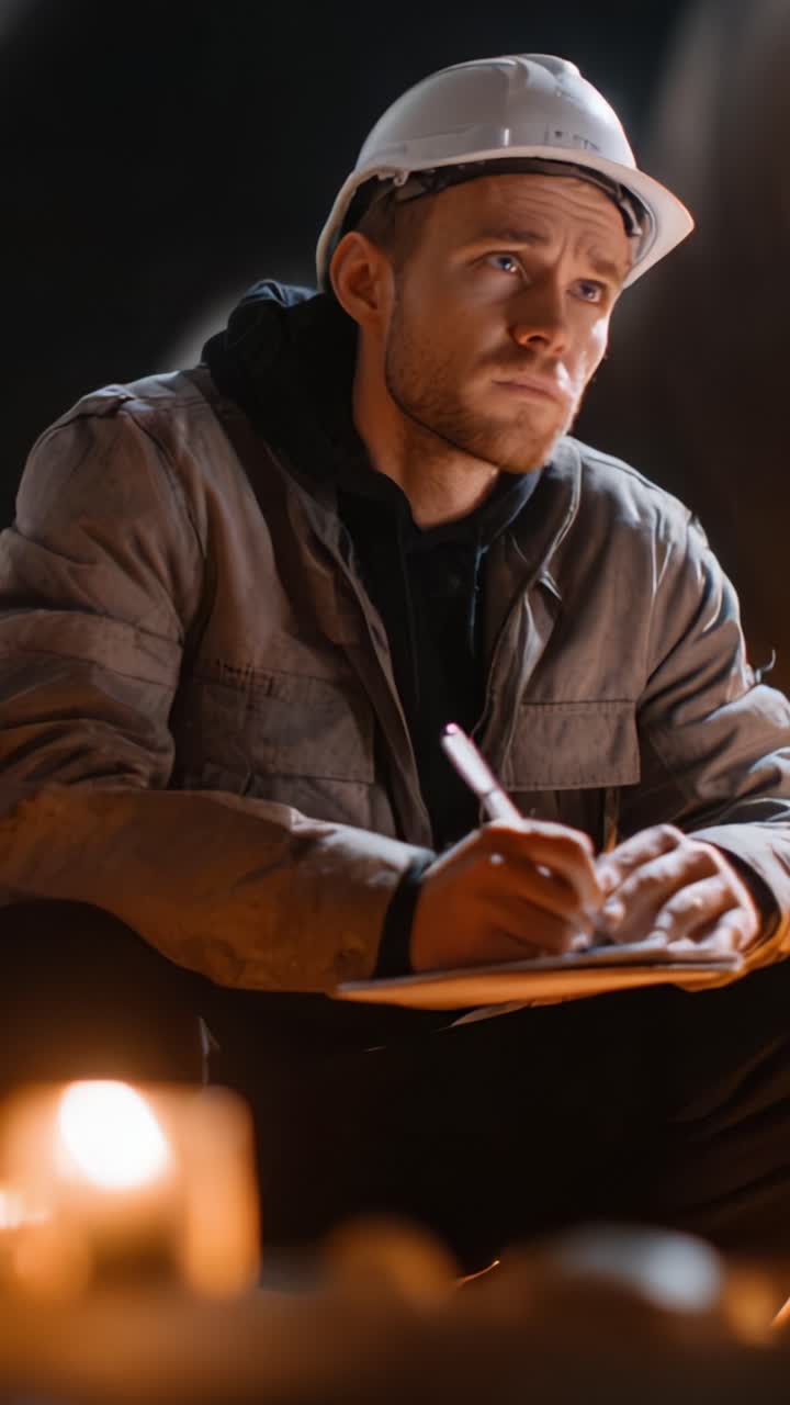 Operaio edile concentrato con cappello che analizza i progetti e prende appunti tra illuminazione ambientale e candele in un ambiente sotterraneo