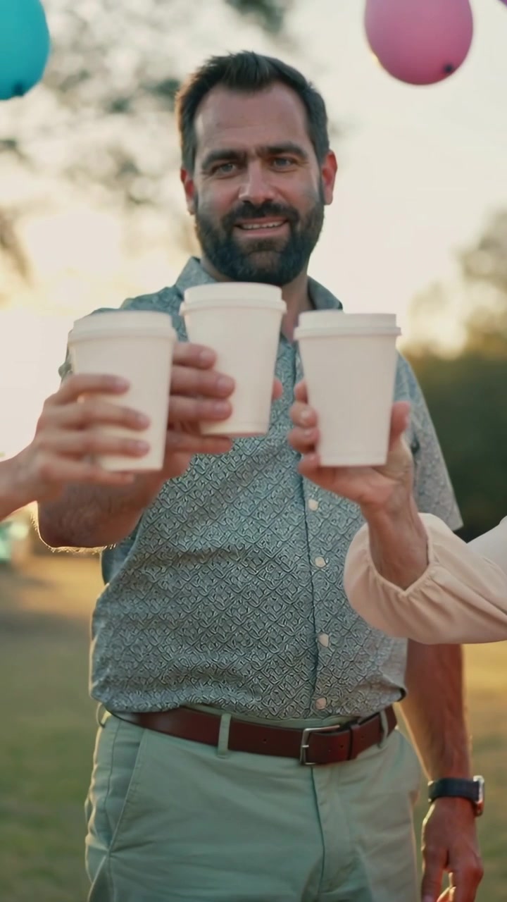Vertical video: Reaching man in shirt lifting white cups in yard as friend handing cup for toast