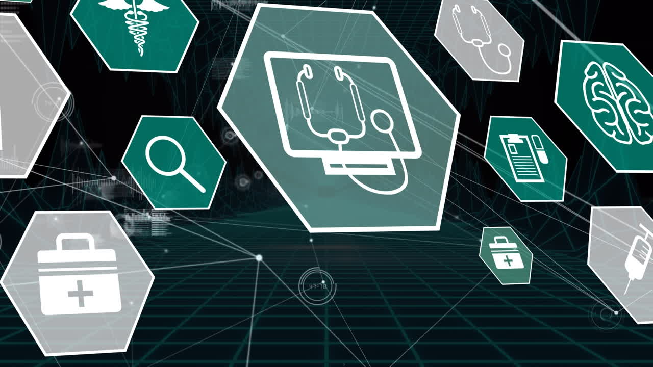 animación de la red de conexiones con iconos médicos sobre un fondo oscuro