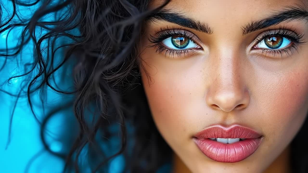 A close up of a woman with blue eyes and curly hair