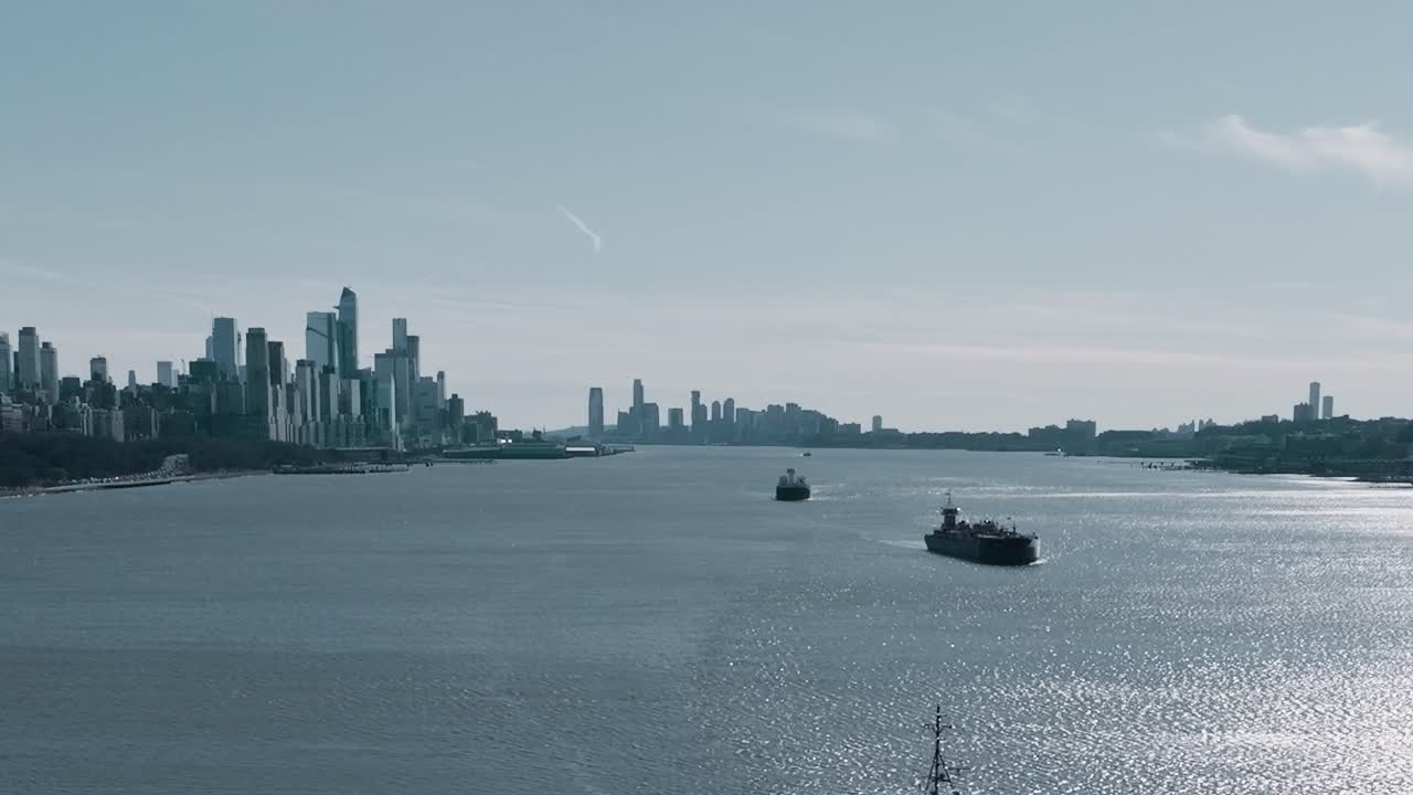 View of New York City waterfront with ships on the water