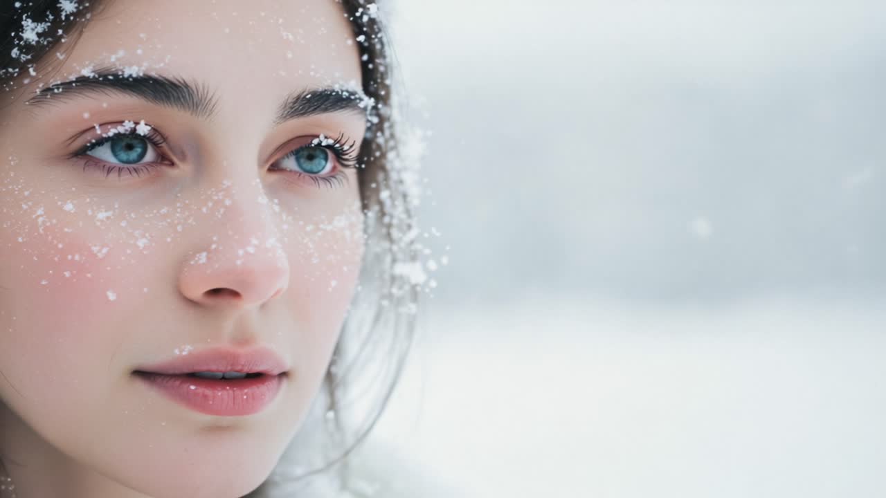 A Close-Up of a Young Woman's Face Captured in a Snowy Landscape, Emphasizing Her Bright Blue Eyes and Serene Expression Amidst Glistening Snowflakes