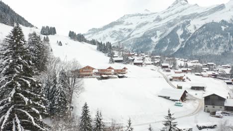 Drohne-Fliegt-Von-Entfernten-Hütten-In-Schneebedeckter-Ländlicher-Landschaft-Weg-Und-Zeigt-Kiefernbäume