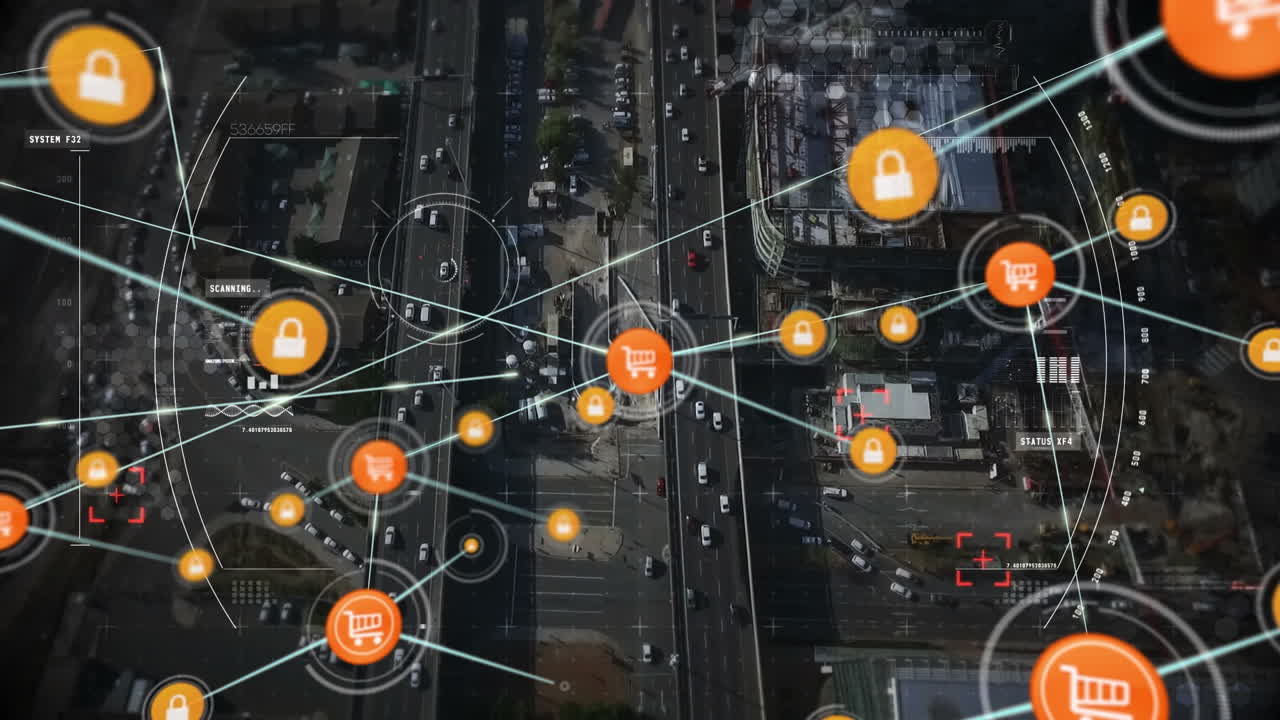 연결 네트워크의 애니메이션과 도시 풍경에 대한 범위 스캔