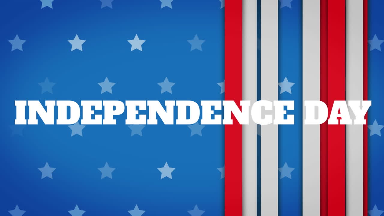 Animation of independence day text with stars and stripes on blue background