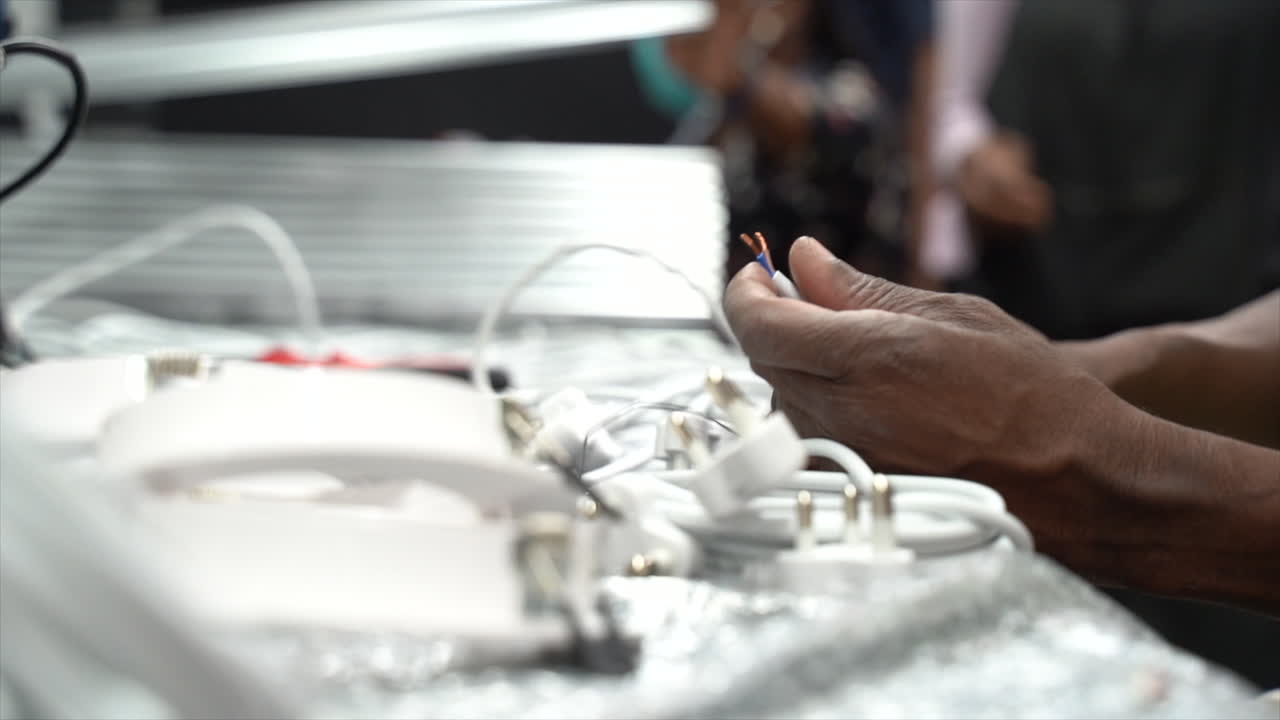 African American man twisting and applying solder to the tips of two wires, slow motion