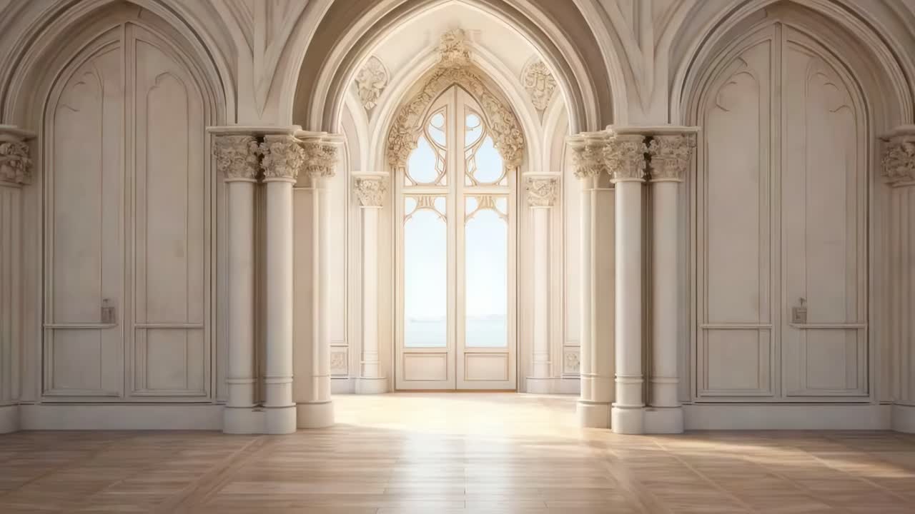Elegant gothic interior with arched windows and ornate columns, captured from a low angle, perfect