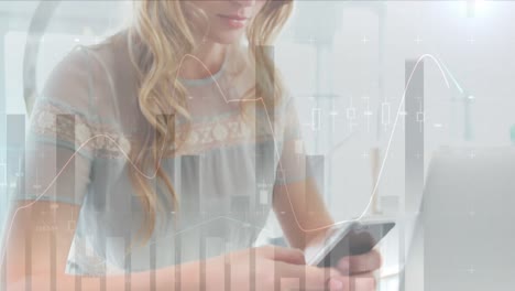 animation of statistics and data processing over businesswoman using smartphone