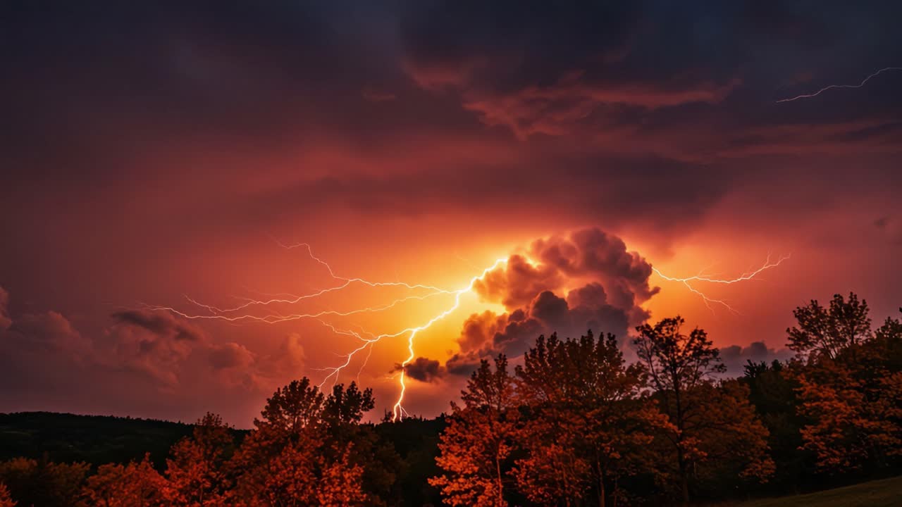 Majestic Stormy Sky with Vibrant Lightning Strikes Illuminating Dark Clouds and Autumn Foliage, Captured in Breathtaking Natural Landscape