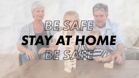 animatie van een social distancing-boodschap die over een multi-generatie kaukasisch gezin flitst