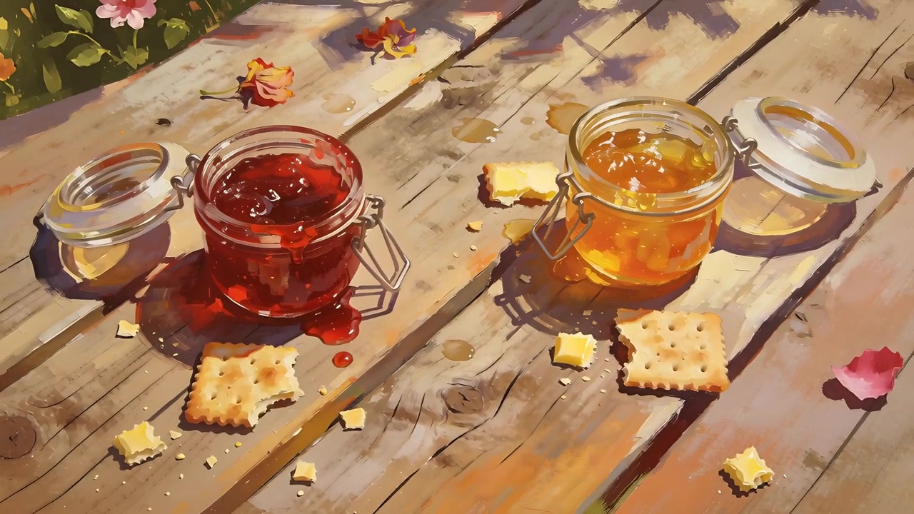 Sliding camera revealing jars to highlight red jam spill and scattered crackers on wood deck