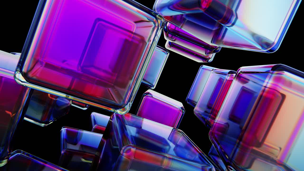 Abstract Glass Cubes Rotating with Colorful Iridescent Reflections