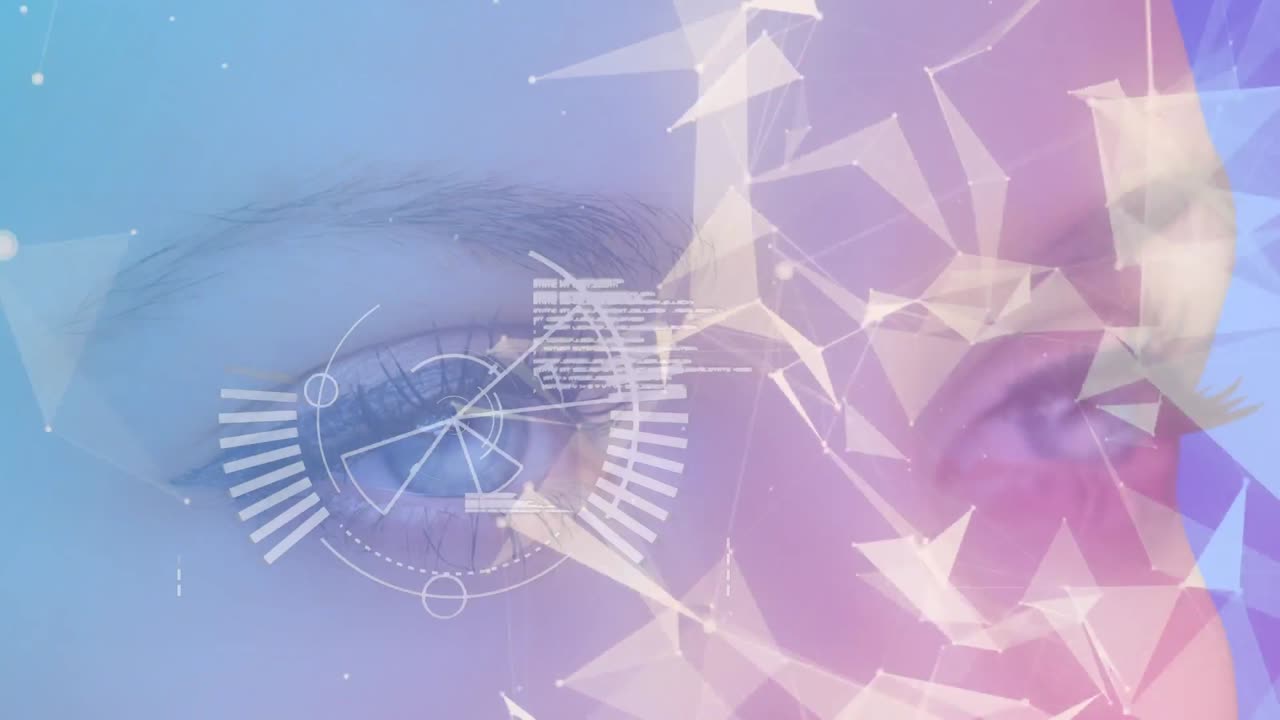 둥근 스캐너와 여성 눈의 근접에 대한 연결 네트워크