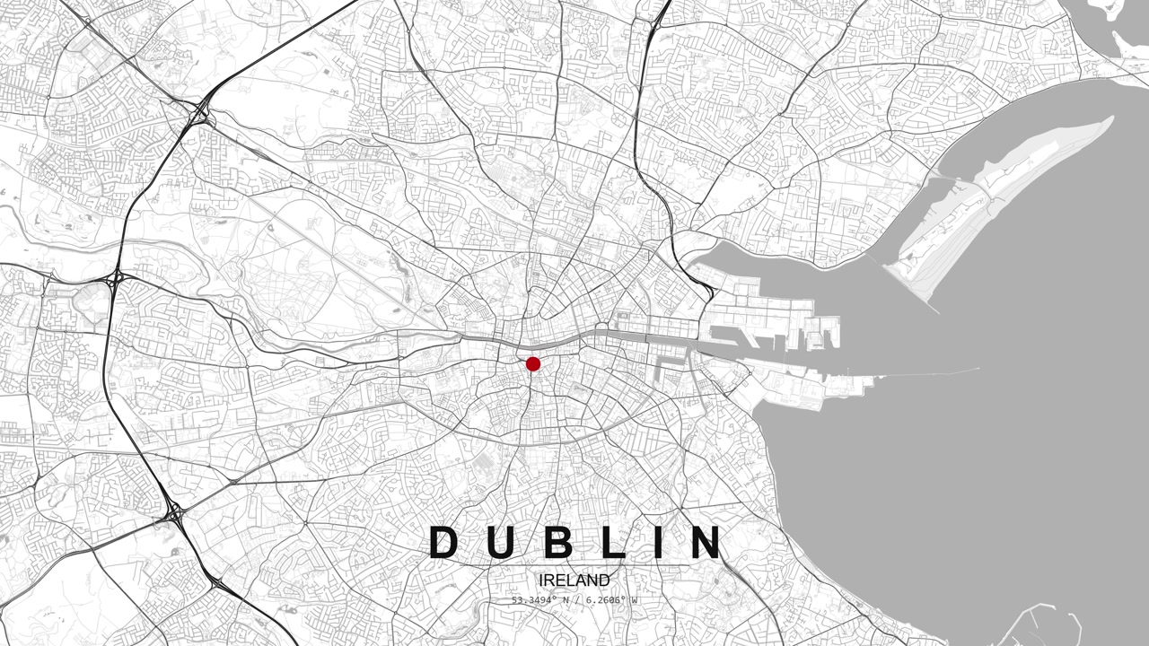 Urban map of Dublin, Ireland, showing a river flowing across the city, connected streets and a red location pin placed in the central area.