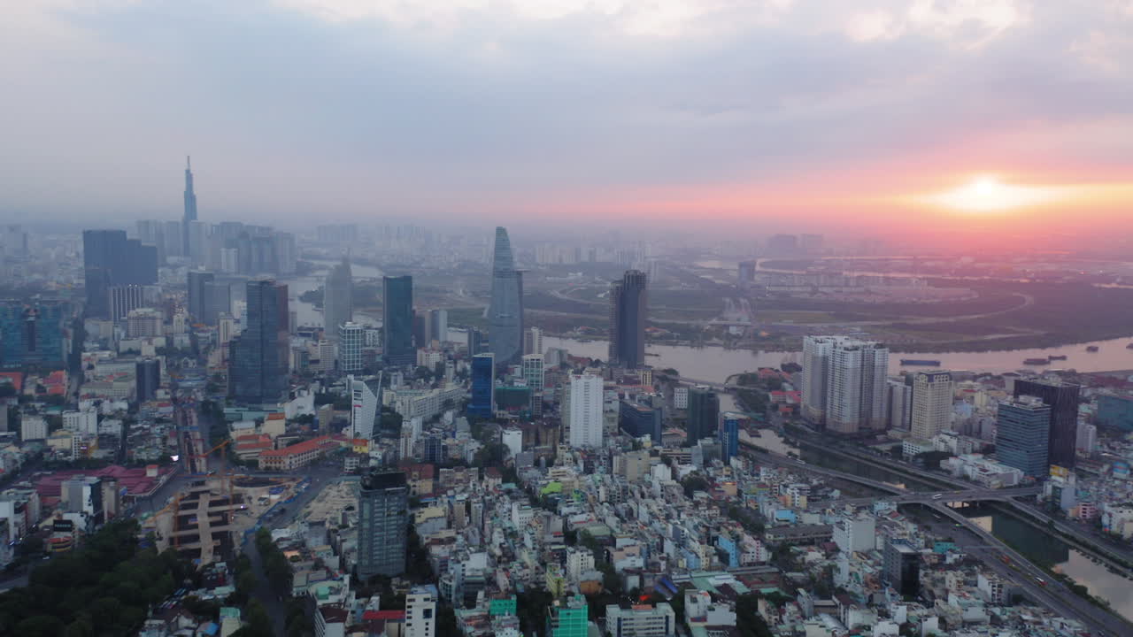 Aerial view of Ho Chi Minh, high view to downtown and Saigon river