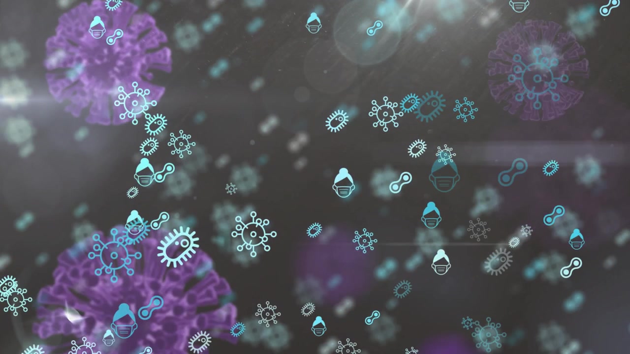 Lens-flare starting, purple spheres drifting while cyan icons clustering, showing pathogen spread