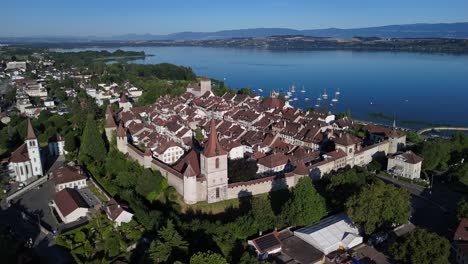 murten switzerland medieval town establishing shot aerial drone morat fribourg region