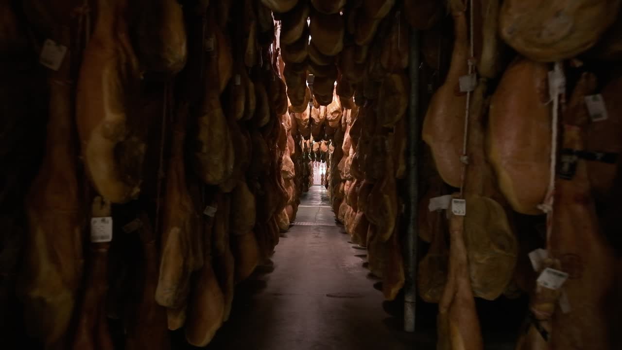 Jamon serrano pig legs factory hanging in a industry. Iberian ham elaboration process