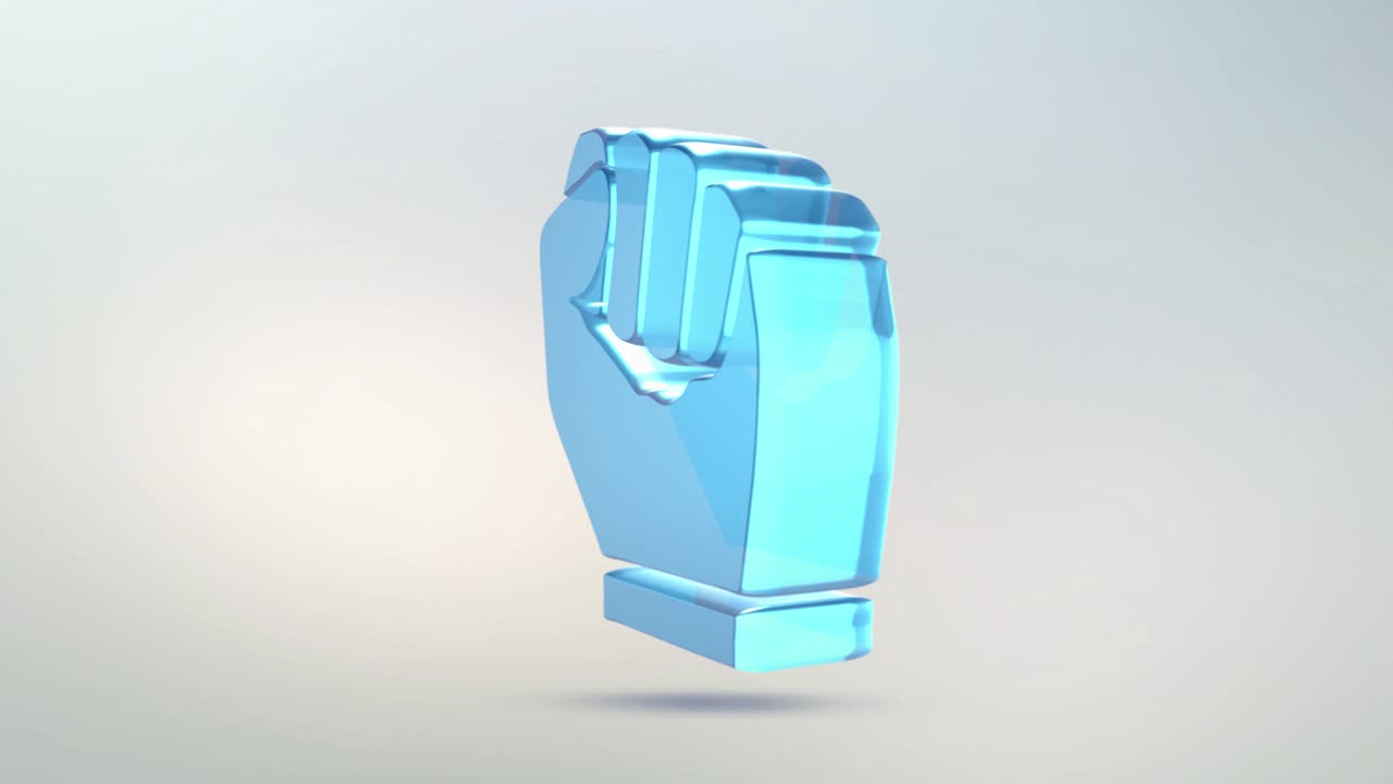 el icono del puño está hecho de vidrio. icono de puño giratorio transparente con canal alfa de color azul verde. símbolo de bucle sin costuras figura 3d