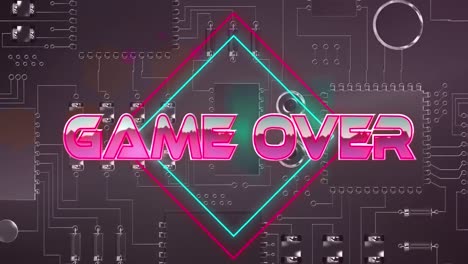 Game-over-text-on-neon-squares-over-close-up-of-microprocessor-connections-on-black-background