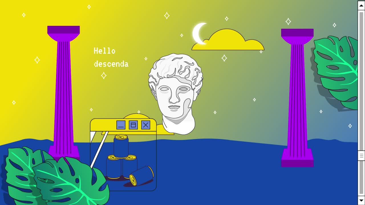 Retro Vaporwave Poster With User Interface Elements and Vintage Illustrations. Cartoon Roman Antique Statue.  Trendy Aesthetic Background. 2D Animation.