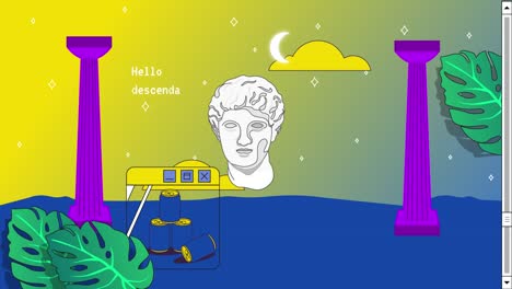 retro vaporwave poster with user interface elements and vintage illustrations. cartoon roman antique statue.  trendy aesthetic background. 2d animation.