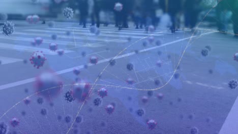 Animation-Von-DNA,-Coronavirus-Mit-Zeitraffer-Von-Menschen-Verschiedener-Rassen-Auf-Der-Straße-Der-Stadt