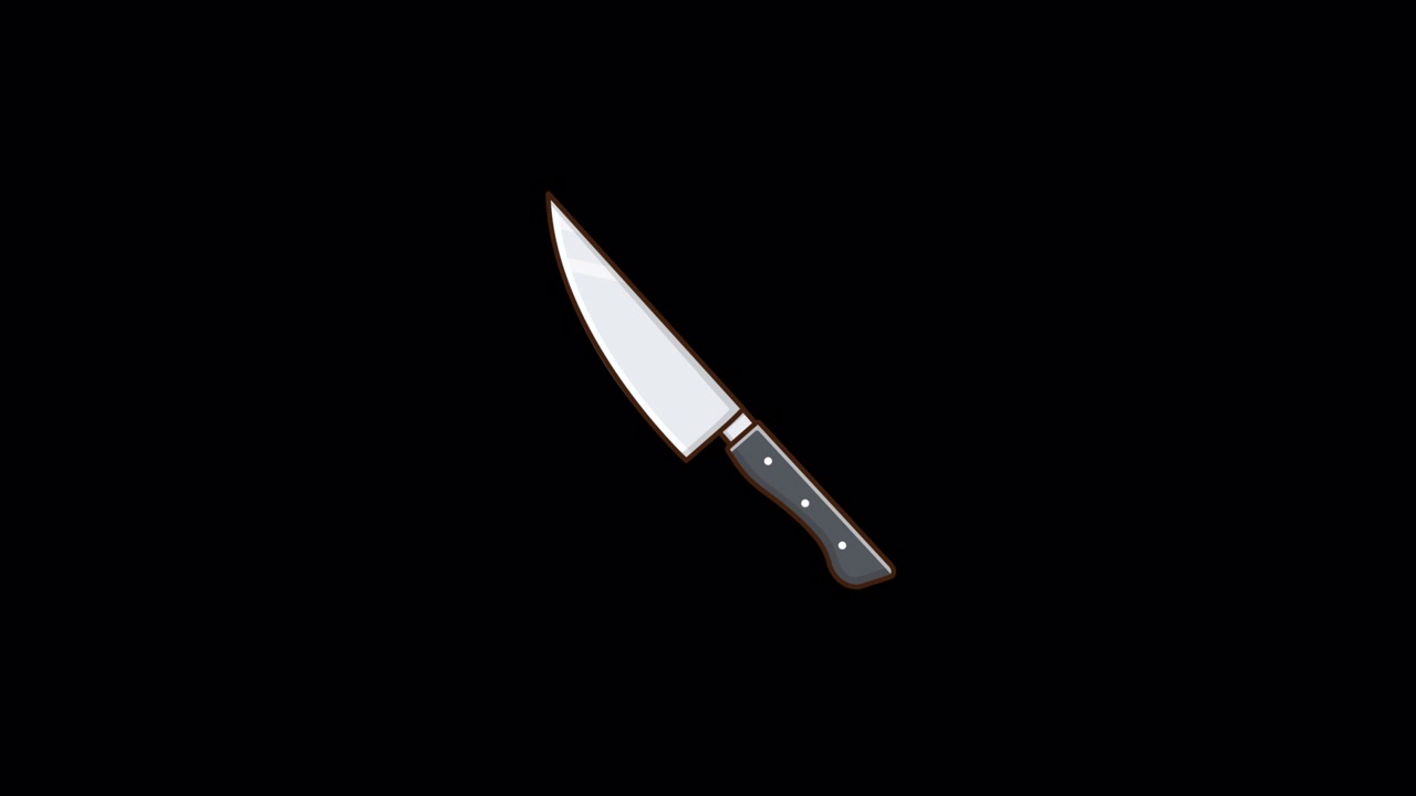 Animeret kokkekniv roterer på sort baggrund