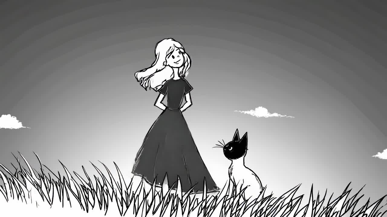 Black and white drawing of a young girl with long hair and a black dress standing in a field of tall grass with her cat, looking up at the sky with clouds at sunset