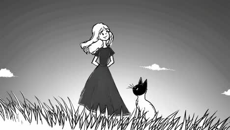 black and white drawing of a young girl with long hair and a black dress standing in a field of tall grass with her cat, looking up at the sky with clouds at sunset