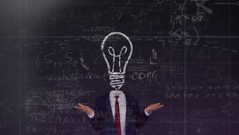 mathematical equations floating against light bulb over face of businessman against black background