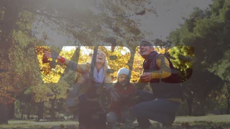 animation of vibes text over happy family outdoors