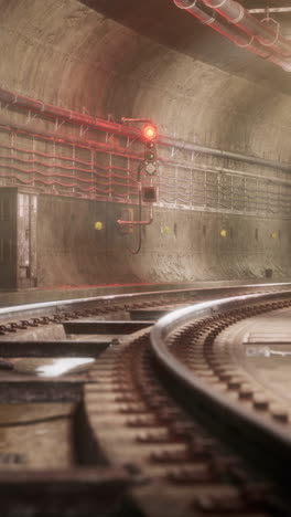 grimy subway tunnel with red signal light