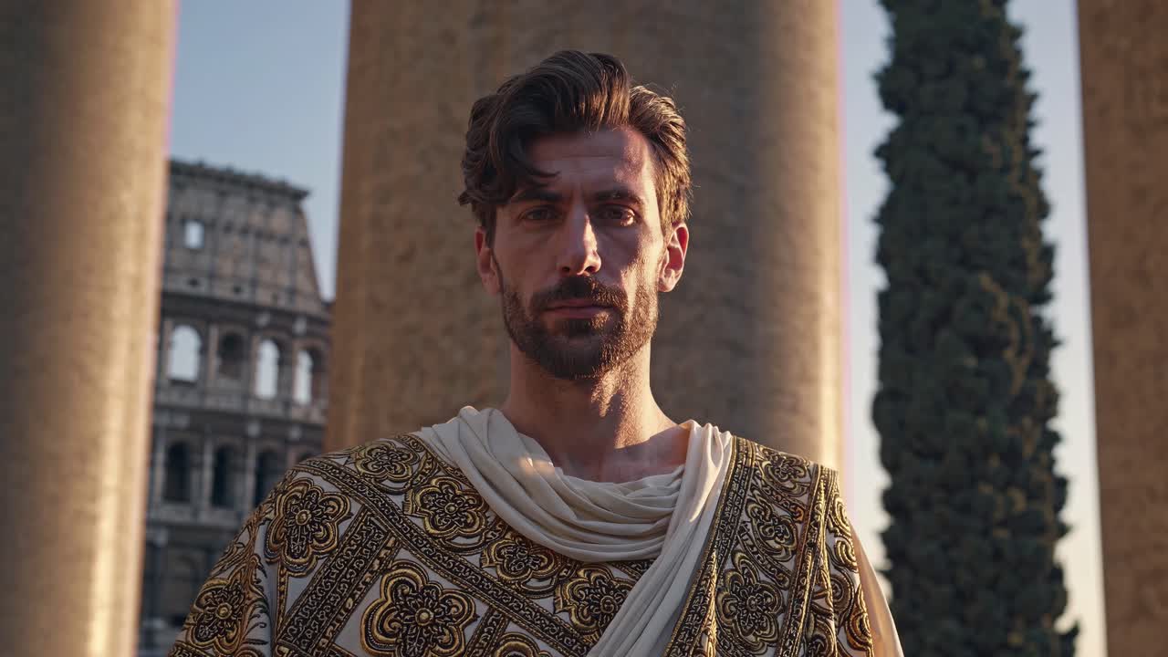 A cinematic video still of a man in Roman attire, captured from a low angle, with ancient columns