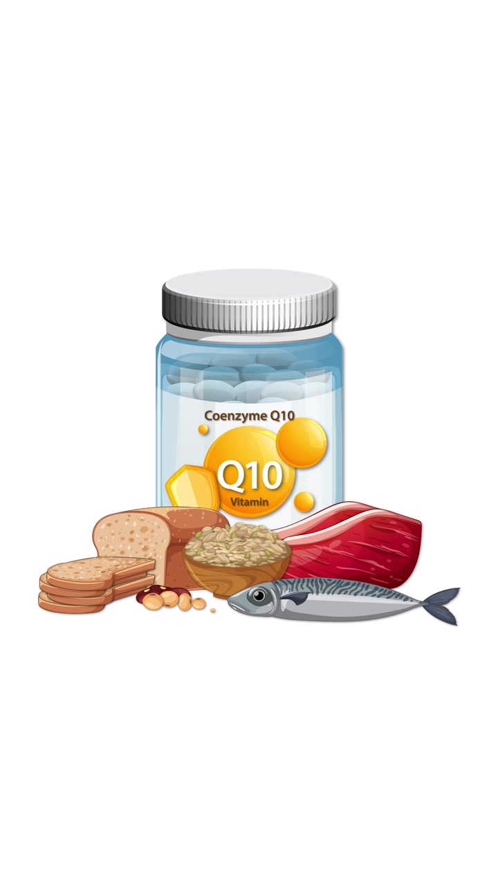 Botol suplemen Vitamin Q10 dengan ikan, daging, biji-bijian, kacang-kacangan, dan roti muncul secara berurutan.