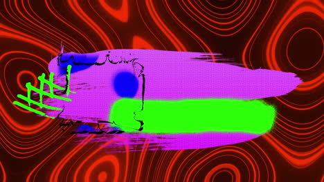 animación de formas púrpuras y verdes sobre un fondo rojo de lava