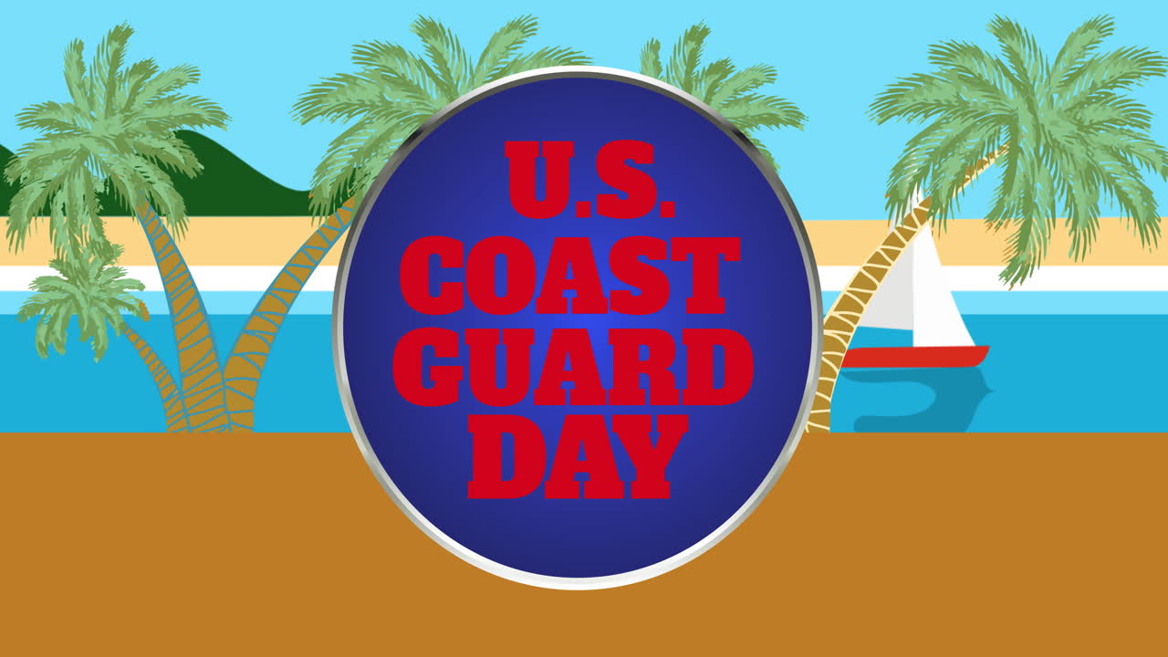 미국 해안 경비대의 애니메이션 만화 해양 풍경과 손바닥과 항해