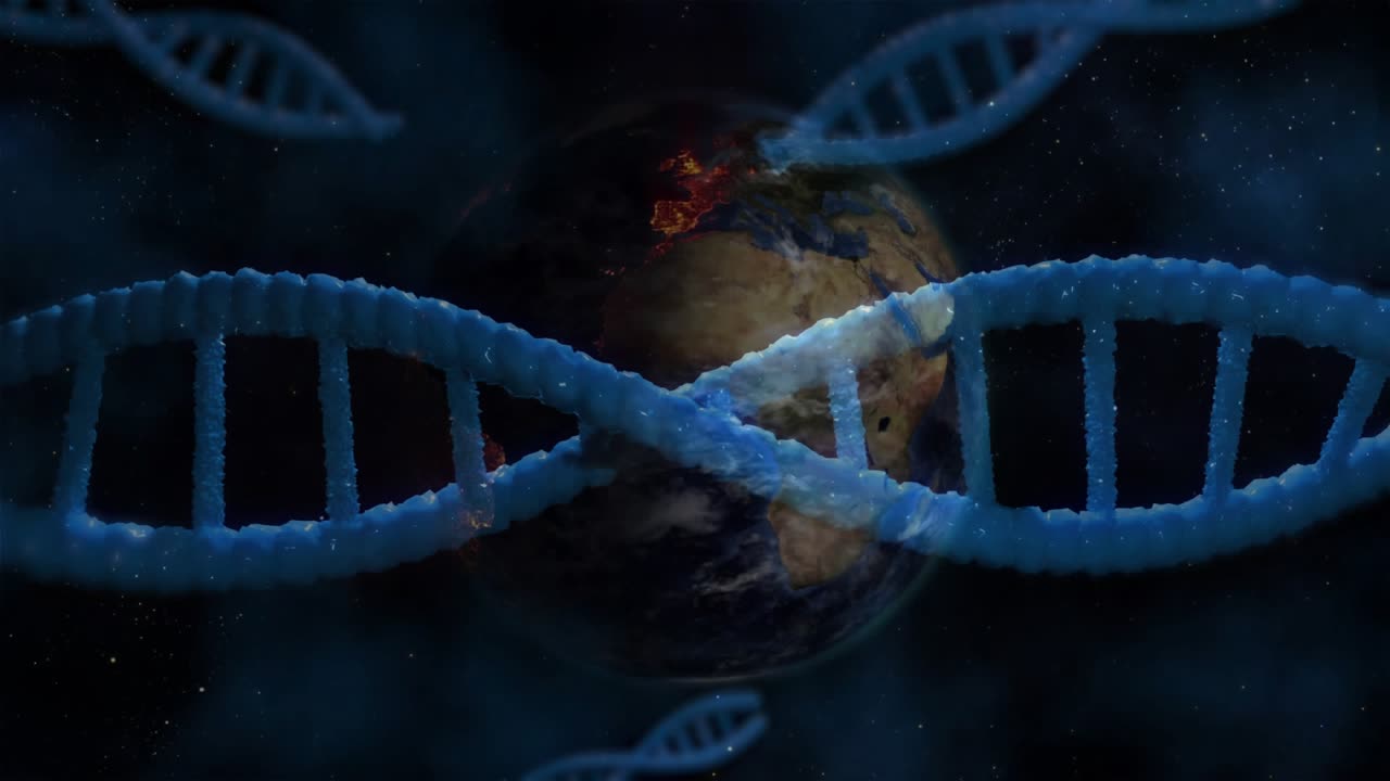 Opening space sliding DNA helix revealing rotating Earth with swirling loops visualizing network