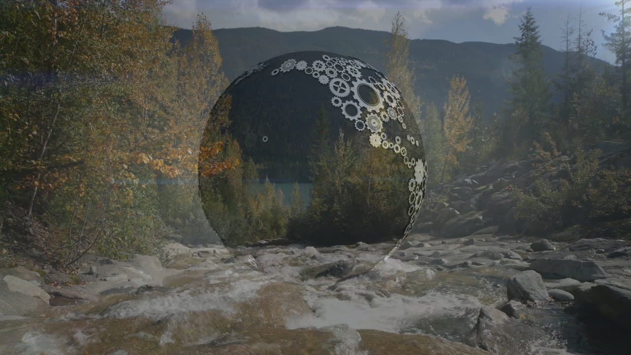 Circular pattern animation over scenic mountain landscape with flowing river