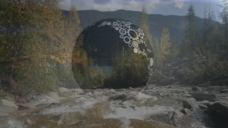 circular pattern animation over scenic mountain landscape with flowing river