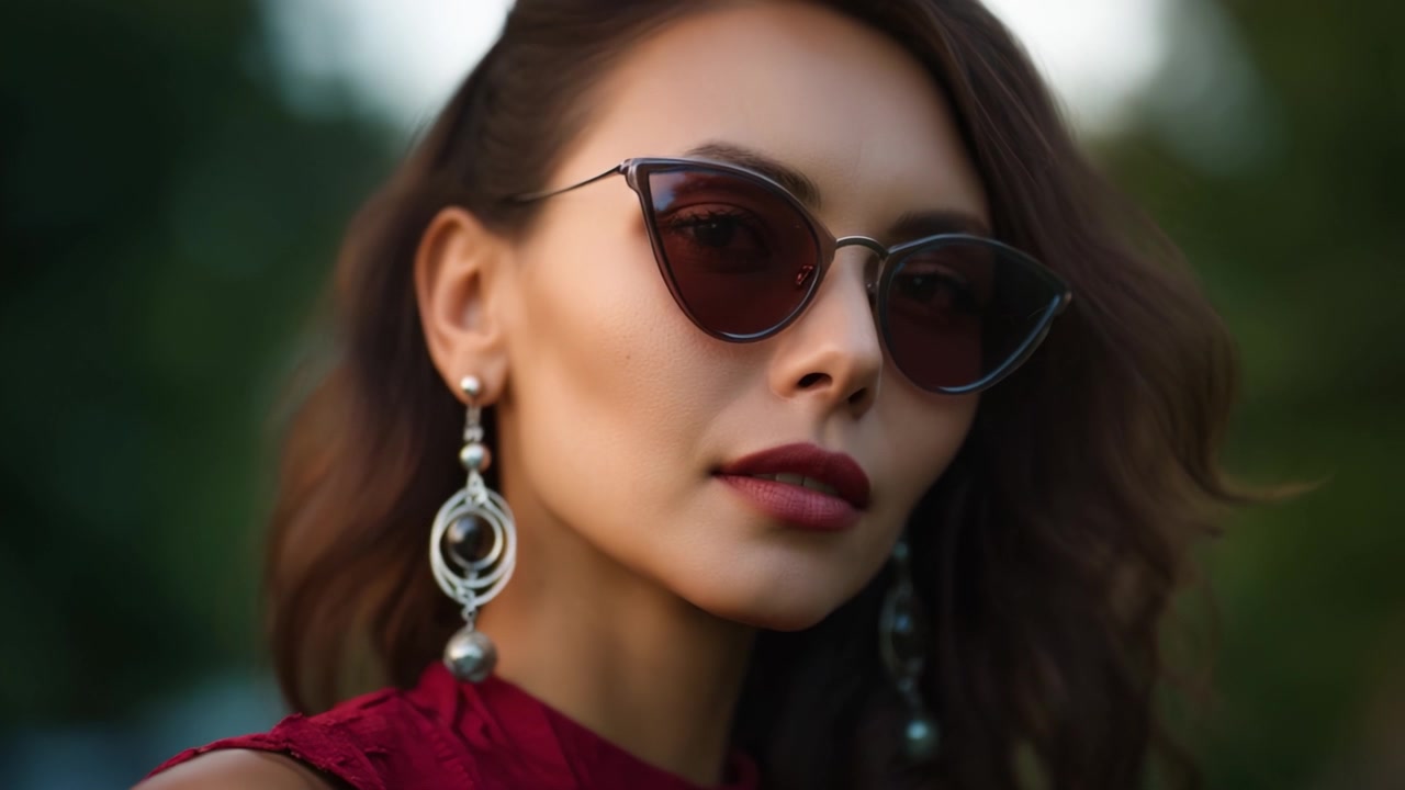 Eleganza e Stile: Un Ritratto Accattivante di una Donna Sicura di Sé con Occhiali da Sole e Orecchini.