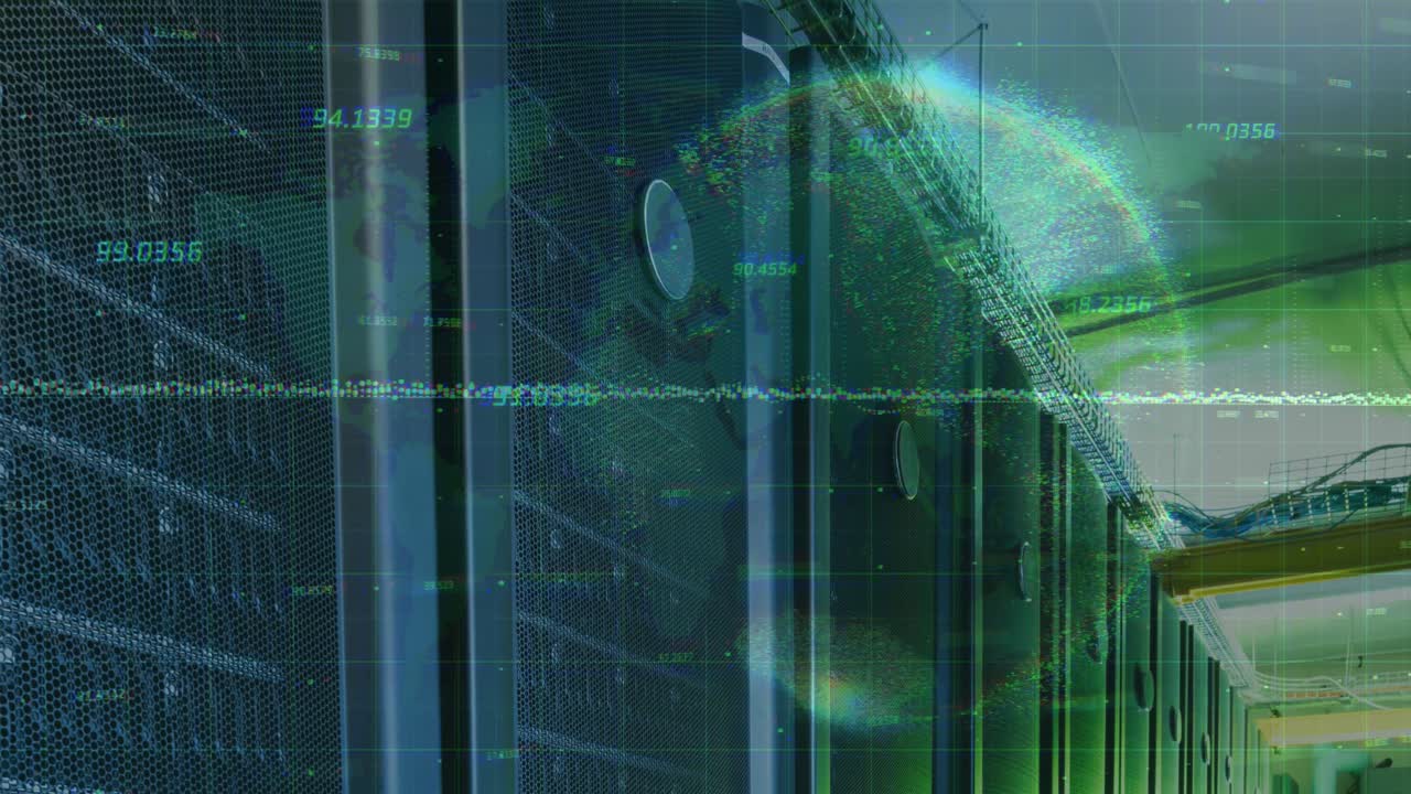 Data processing and spinning globe against computer server room
