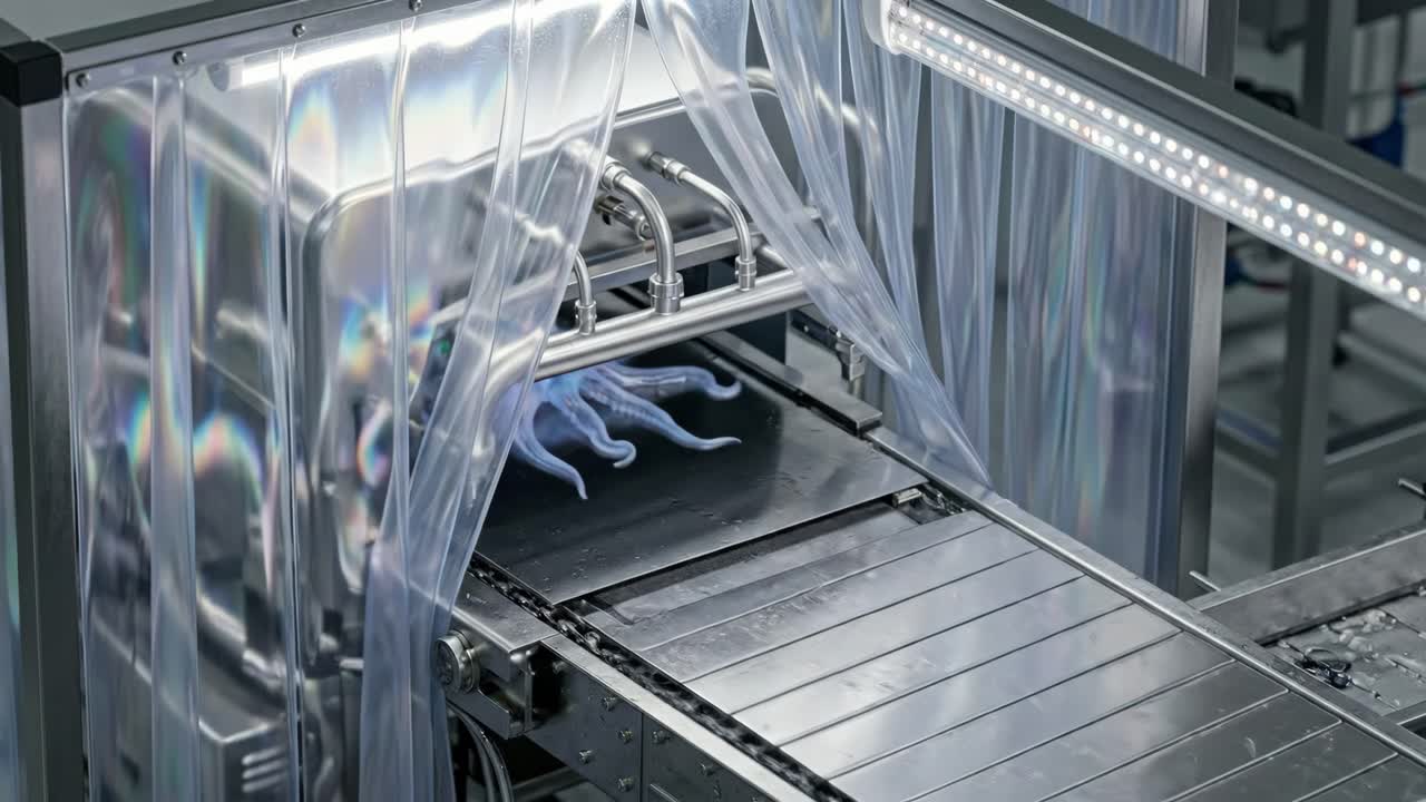 Polpi Artificiali Luminosi Processati su una Catena di Montaggio in Fabbrica
