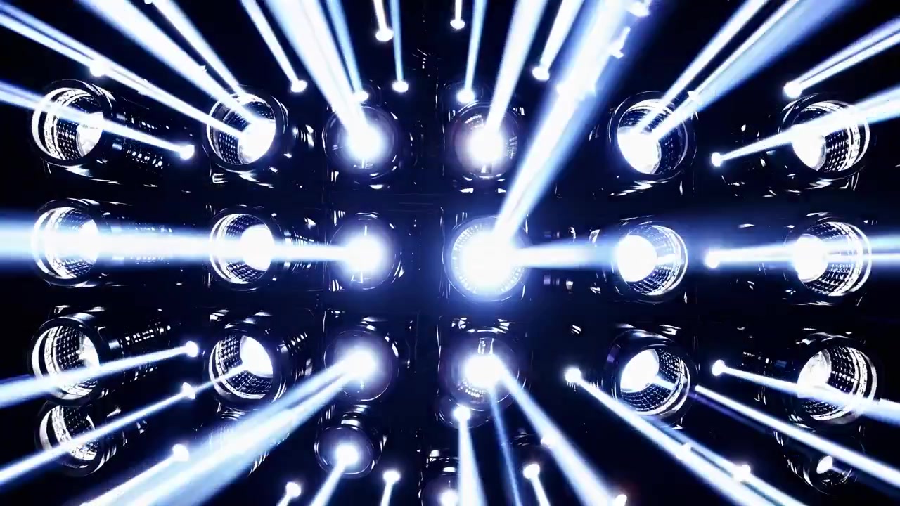 Dynamic Grid of Bright Spotlights Emitting Moving Light Beams