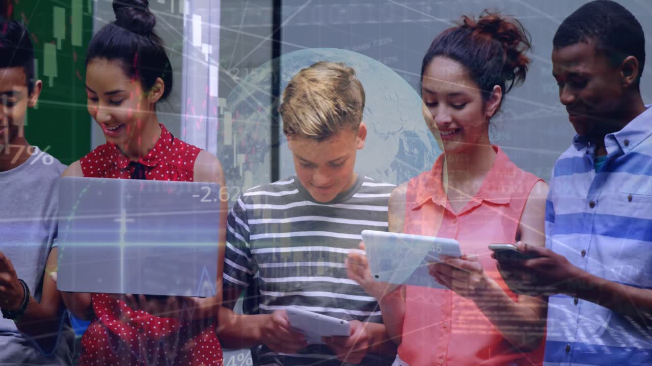 Animation of globe, graphs and codes over multiracial students discussing while using technology