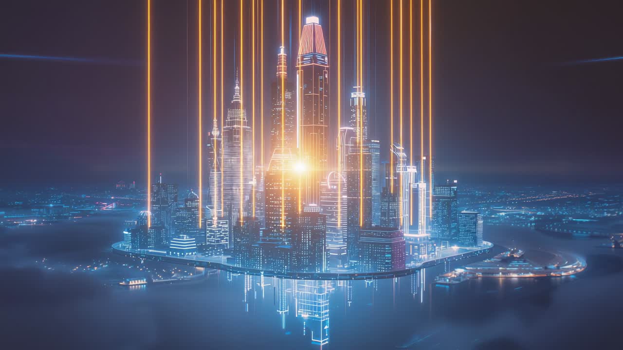 Descending orange beams hitting skyscrapers in clouds, converging into core lighting city